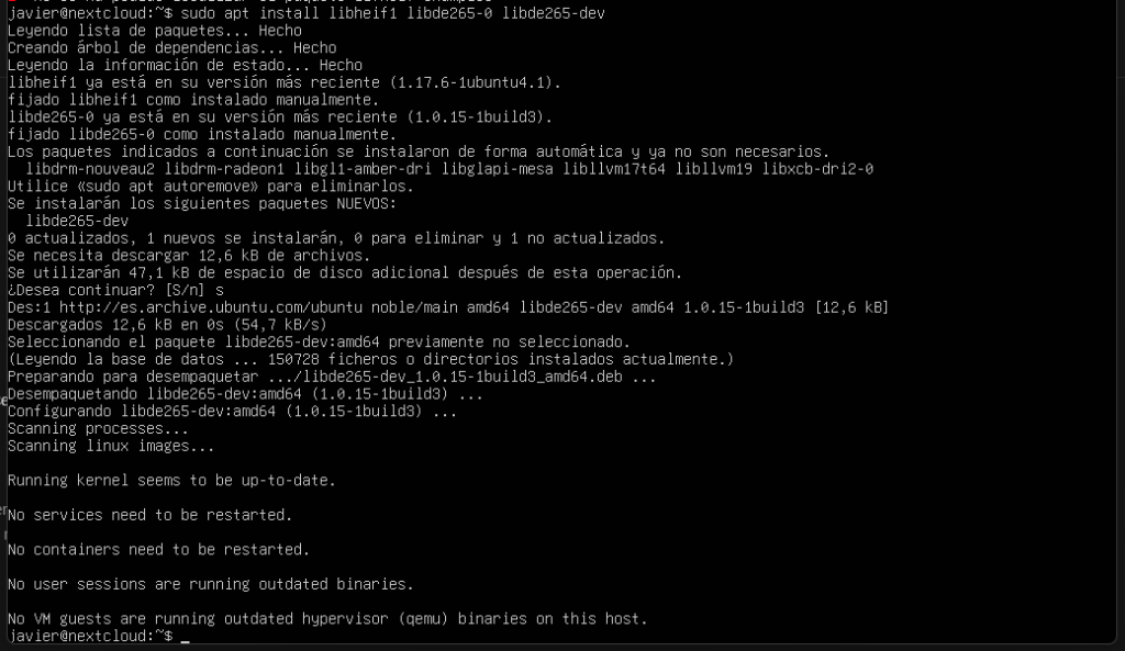 Captura de la instalación por terminal de los paquetes HEIF en Ubuntu 24