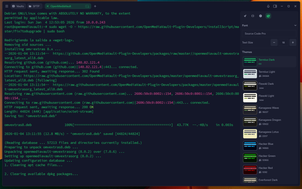 Captura del terminal Linux en el que se muestra la ejecución del script "fix7to8upgrade"