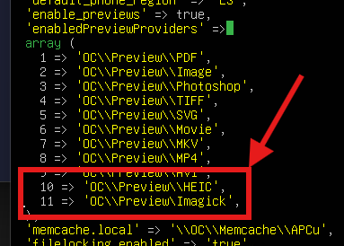 Captura del archivo config.php de Nextcloud integrando HEIC e Imagick como proveedores de previsualización