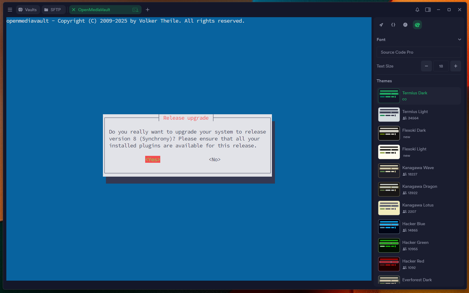Captura del terminal de Linux por SSH mostrando la primera pantalla de la actualización a OpenMediaVault 8 con el mensaje "¿Realmente quieres actualizar a la versión 8 (Synchrony)? Asegúrae de que todos los plugins instalados están disponibles para esta release" con las opciones Yes y No