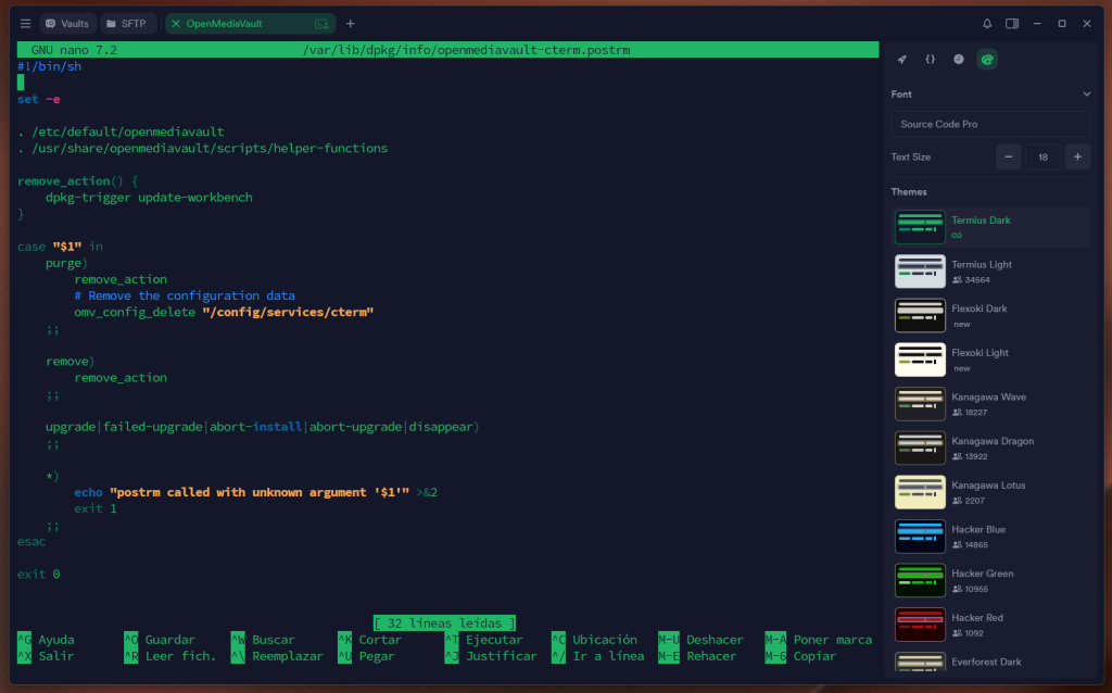 Captura de nano mostrando el contenido original del archivo /var/lib/dpkg/info/openmediavault-cterm.postrm