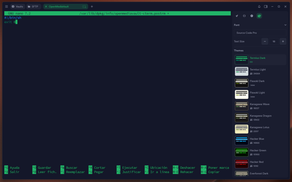 Captura de nano mostrando el contenido modificado del archivo /var/lib/dpkg/info/openmediavault-cterm.postrm en el que se elimina todo el contenido dejando únicamente exit 0