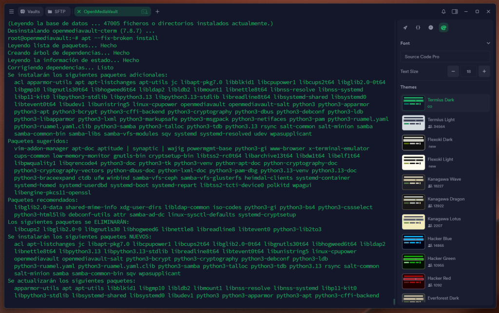 Captura del terminal de Linux por SSH mostrando que la desinstalación del paquete es correcta y todos los paquetes que se van a reparar
