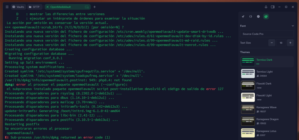Captura del terminal Linux en el que se ve un error en el script post-instalación de OpenMediaVault 8